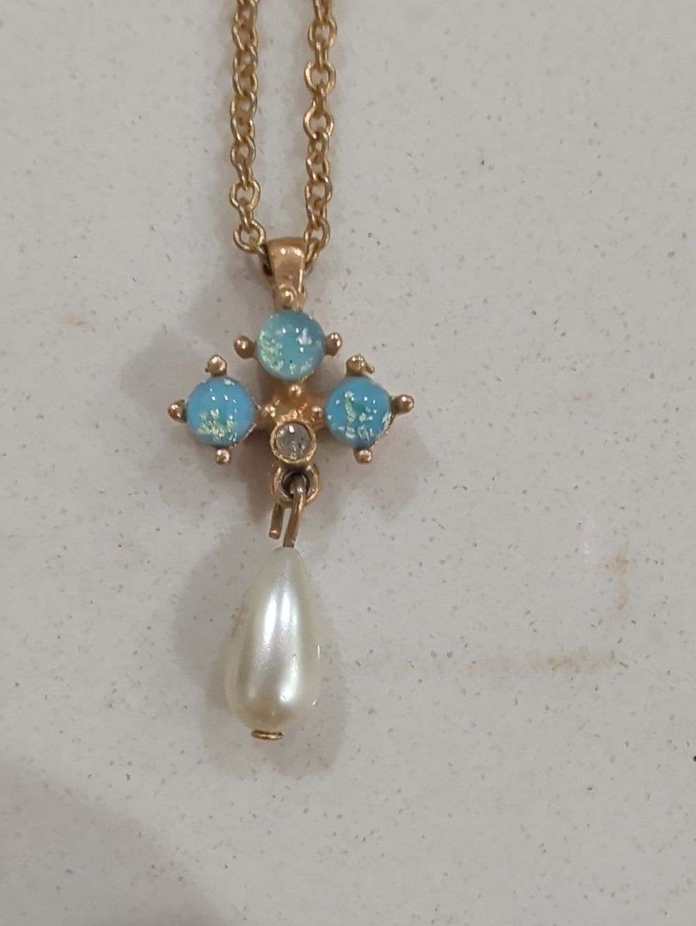 Avon Gold-Tone Faux Opal Cluster Necklace with Pearl Drop